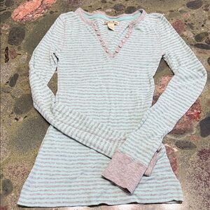 Lucky Tees Light Teal and Gray Striped Long Sleeve V-neck Top